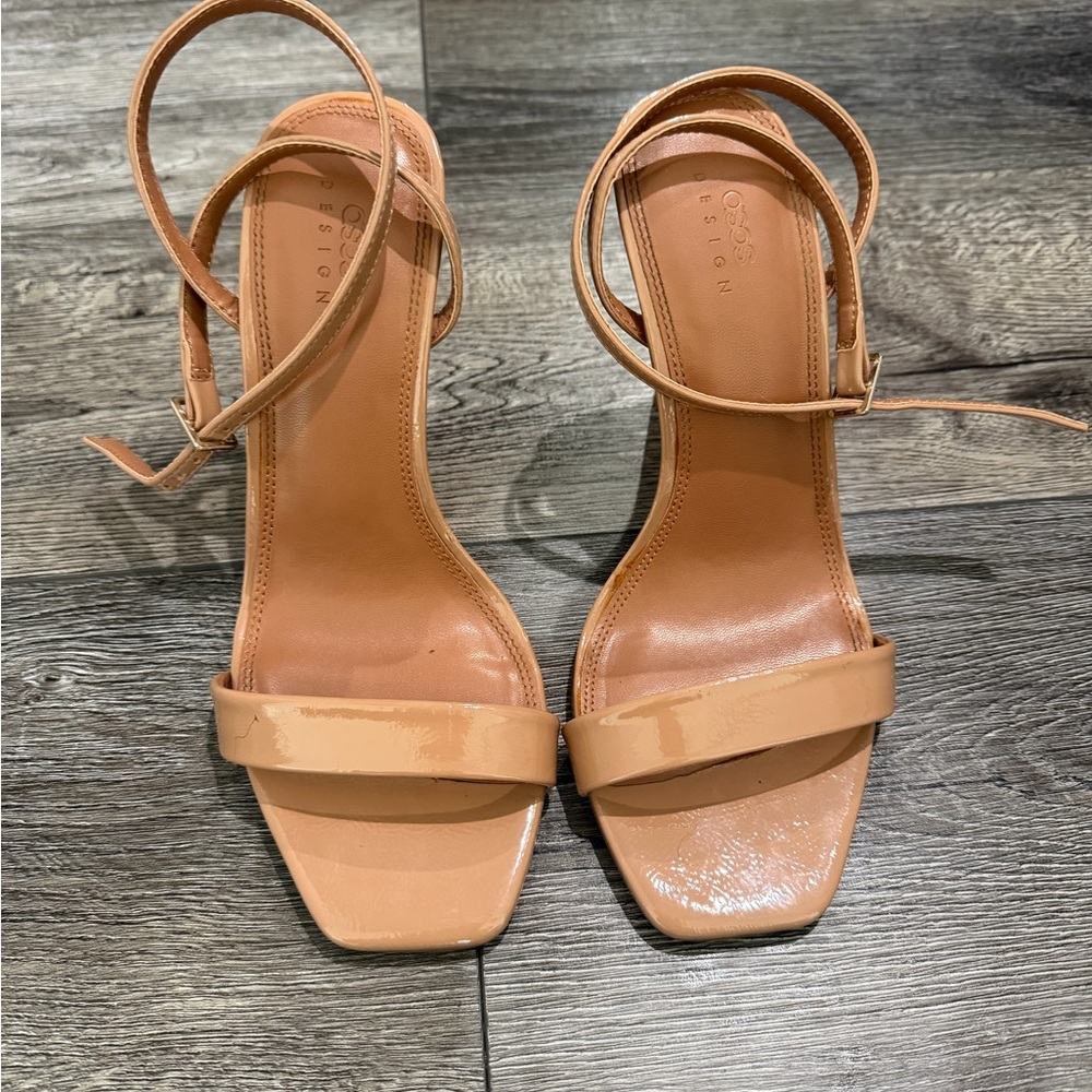 ASOS Tan Patent Square-Toe Ankle-Strap Heels